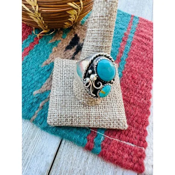 Handcrafted Turquoise & Sterling Silver Cigar Band Ring Size 10.5